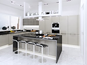 Kuchnie, wybrane projekty - Duża otwarta z kamiennym blatem biała z zabudowaną lodówką kuchnia w kształcie litery l, styl nowoczesny - zdjęcie od PURPLE PRACOWNIA