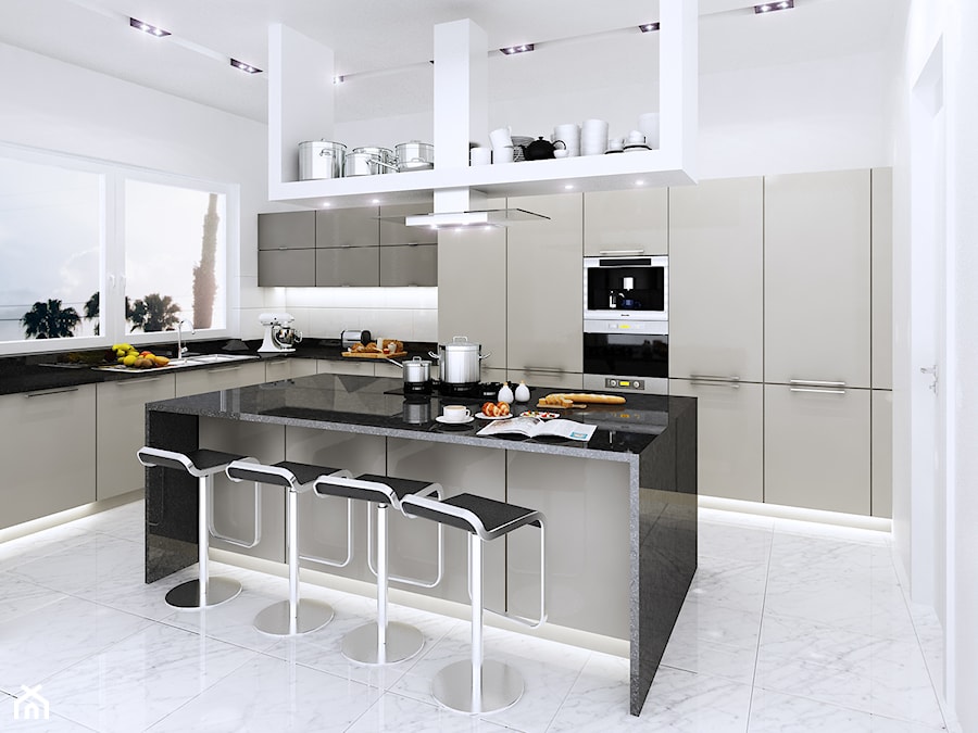 Kuchnie, wybrane projekty - Duża otwarta z kamiennym blatem biała z zabudowaną lodówką kuchnia w kształcie litery l, styl nowoczesny - zdjęcie od PURPLE PRACOWNIA