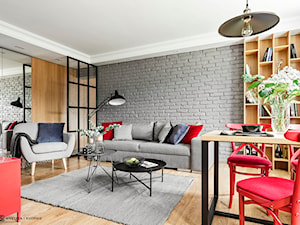 Mieszkanie z czerwonym akcentem - konkurs - Średni szary salon z bibiloteczką, styl industrialny - zdjęcie od SAS Wnętrza i Kuchnie
