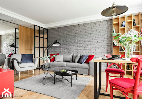 Mieszkanie z czerwonym akcentem - konkurs - Średni szary salon z bibiloteczką, styl industrialny - zdjęcie od Plasun Kuchnie i Wnętrza