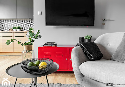 Mieszkanie z czerwonym akcentem - konkurs - Mały średni szary salon z kuchnią, styl industrialny - zdjęcie od Plasun Kuchnie i Wnętrza