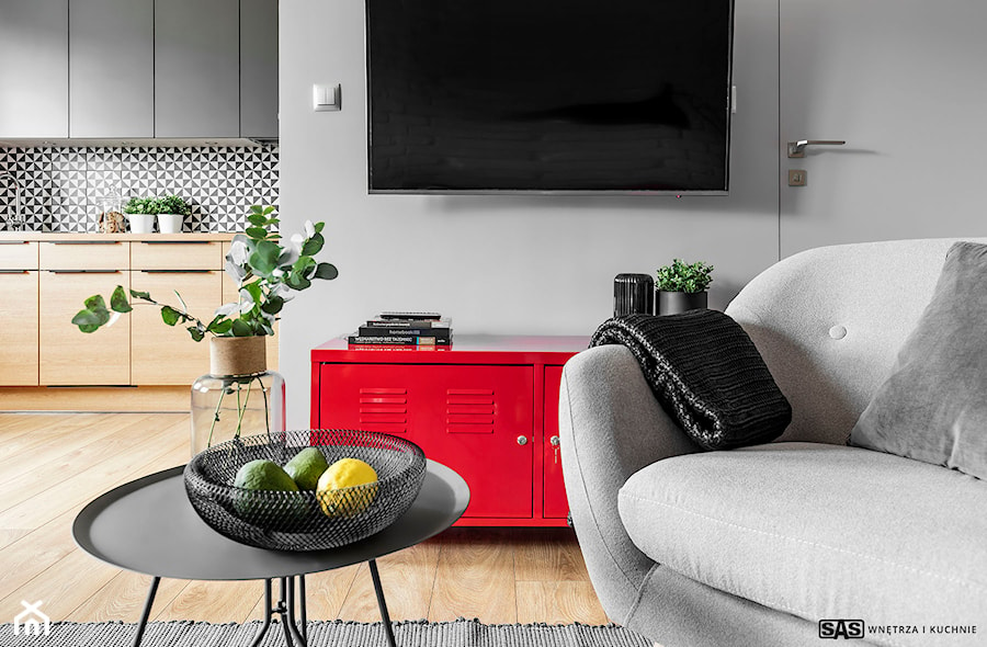 Mieszkanie z czerwonym akcentem - konkurs - Mały średni szary salon z kuchnią, styl industrialny - zdjęcie od Plasun Kuchnie i Wnętrza