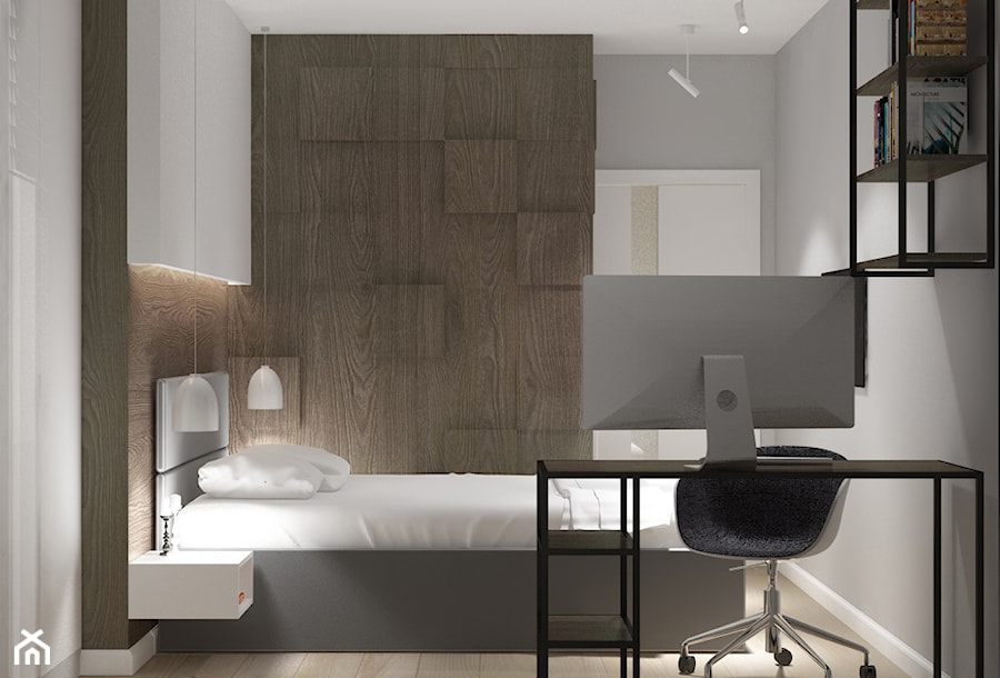 ul.Duracza - Średnia biała szara z biurkiem sypialnia, styl skandynawski - zdjęcie od Patryk Kowalski Design