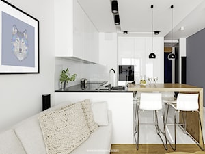 ul. Siedmiogrodzka - Średnia otwarta z salonem biała z zabudowaną lodówką kuchnia w kształcie litery u z wyspą lub półwyspem, styl minimalistyczny - zdjęcie od Patryk Kowalski Design