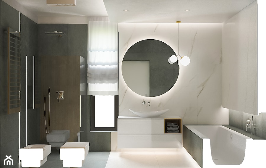 ul. Rzeczna - Średnia z marmurową podłogą z punktowym oświetleniem łazienka z oknem, styl nowoczesny - zdjęcie od Patryk Kowalski Design