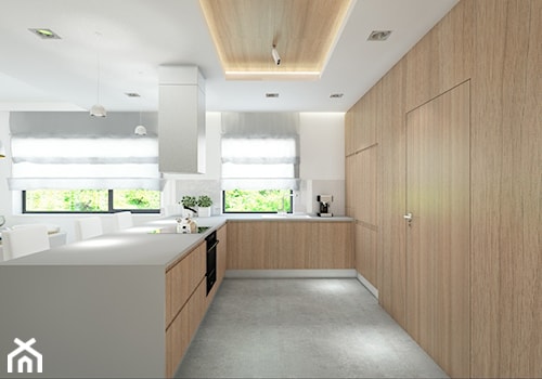 Duża otwarta z salonem biała z zabudowaną lodówką kuchnia w kształcie litery l z wyspą lub półwyspem z oknem, styl skandynawski - zdjęcie od Patryk Kowalski Design