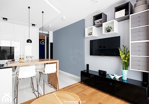 ul. Siedmiogrodzka - Średni biały niebieski salon z kuchnią z jadalnią, styl minimalistyczny - zdjęcie od Patryk Kowalski Design