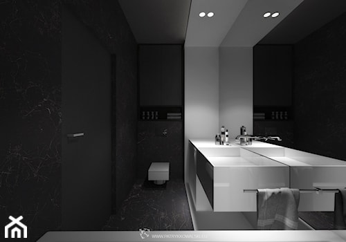 ul. Sarmacka - Średnia na poddaszu bez okna z lustrem z marmurową podłogą łazienka, styl minimalistyczny - zdjęcie od Patryk Kowalski Design