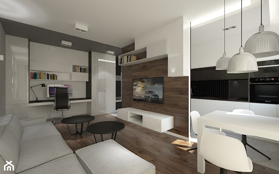 ul. Sarmacka - Średni biały brązowy szary salon z kuchnią z jadalnią z bibiloteczką, styl minimalistyczny - zdjęcie od Patryk Kowalski Design