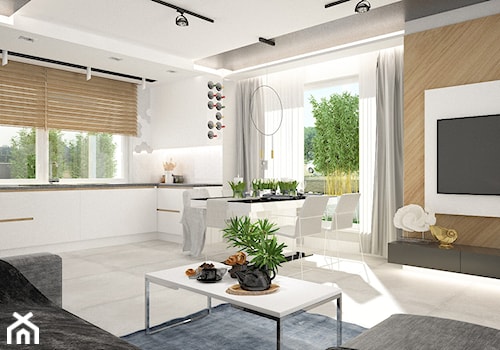ul. Marmurowa - Duży biały salon z kuchnią z jadalnią, styl nowoczesny - zdjęcie od Patryk Kowalski Design
