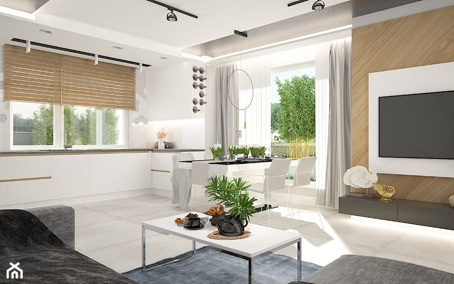 ul. Marmurowa - Duży biały salon z kuchnią z jadalnią, styl nowoczesny - zdjęcie od Patryk Kowalski Design