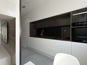 ul. Sarmacka - Średnia otwarta z kamiennym blatem biała z zabudowaną lodówką kuchnia jednorzędowa, styl minimalistyczny - zdjęcie od Patryk Kowalski Design