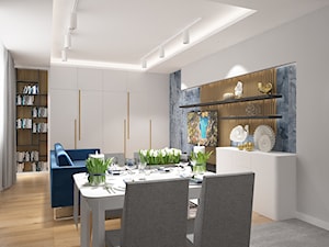 ul. Górczewska - Średni biały niebieski salon z jadalnią z bibiloteczką, styl nowoczesny - zdjęcie od Patryk Kowalski Design