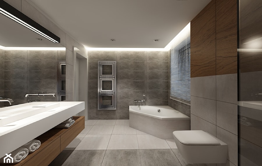 Błonie 1 - Z dwoma umywalkami z punktowym oświetleniem łazienka, styl nowoczesny - zdjęcie od Patryk Kowalski Design
