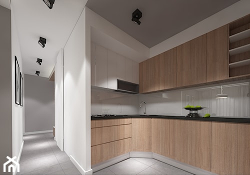 Średnia otwarta z salonem biała szara z zabudowaną lodówką kuchnia w kształcie litery u z kompozytem na ścianie nad blatem kuchennym, styl nowoczesny - zdjęcie od Patryk Kowalski Design