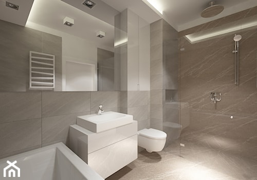 ul. Potoki - Duża bez okna z lustrem z marmurową podłogą z punktowym oświetleniem łazienka, styl minimalistyczny - zdjęcie od Patryk Kowalski Design
