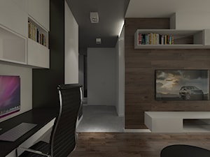ul. Sarmacka - Średni biały czarny salon z bibiloteczką, styl minimalistyczny - zdjęcie od Patryk Kowalski Design