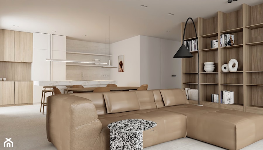 Wnętrza mieszkania w kolorystyce karmelu - Salon, styl minimalistyczny - zdjęcie od MUTE Interiors