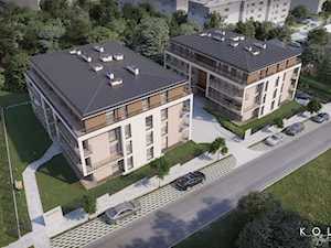 Widok z lotu ptaka nowoprojektowanego osiedla mieszkaniowego - zdjęcie od KOLA Studio Wizualizacje Architektoniczne