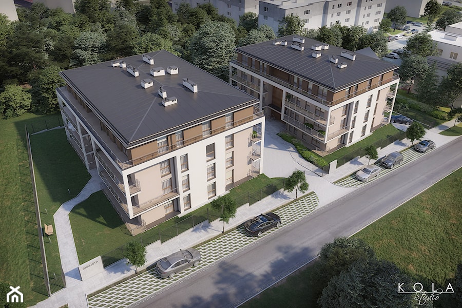 Widok z lotu ptaka nowoprojektowanego osiedla mieszkaniowego - zdjęcie od KOLA Studio Wizualizacje Architektoniczne