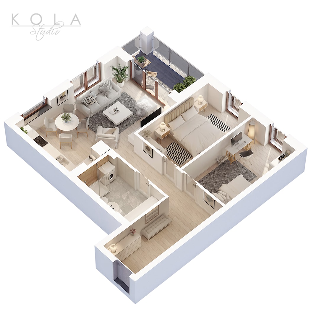 Rzut 3d mieszkania 3-pokojowego - zdjęcie od KOLA Studio Wizualizacje Architektoniczne - Homebook
