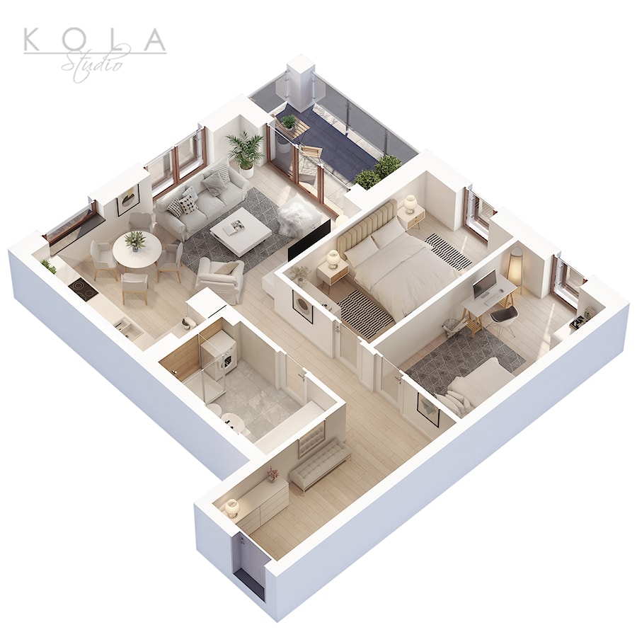 Rzut 3d mieszkania 3-pokojowego - zdjęcie od KOLA Studio Wizualizacje Architektoniczne