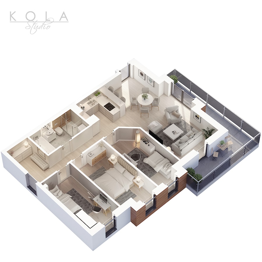 Rzut 3d mieszkania 4-pokojowego - zdjęcie od KOLA Studio Wizualizacje Architektoniczne