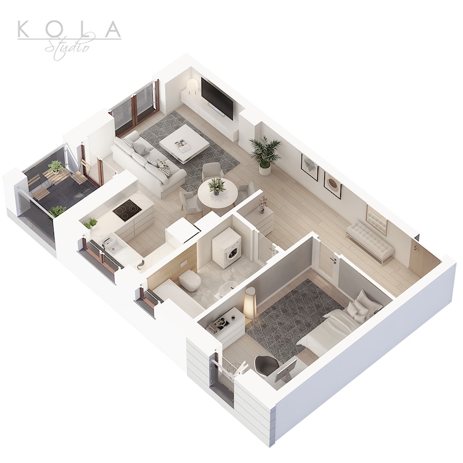 Rzut 3d mieszkania 2-pokojowego - zdjęcie od KOLA Studio Wizualizacje Architektoniczne