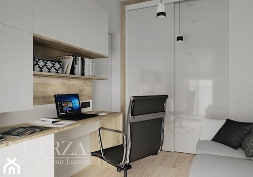 Mieszkanie w Rzeszowie - Małe z sofą z zabudowanym biurkiem białe biuro, styl nowoczesny - zdjęcie od MOJE WNĘTRZA Pracownia Projektowa Jamuła Sławomir