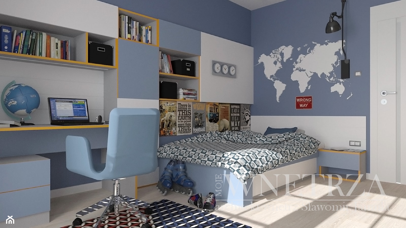 Pokoje dla dzieci i młodzieży - Duży niebieski pokój dziecka dla nastolatka dla chłopca, styl nowoc ... - zdjęcie od MOJE WNĘTRZA Pracownia Projektowa Jamuła Sławomir - Homebook