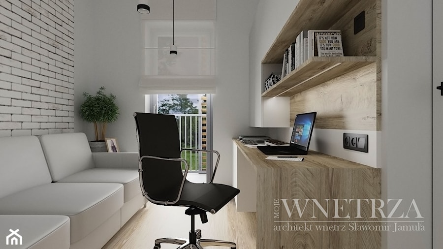 Mieszkanie w Rzeszowie - Małe z sofą z zabudowanym biurkiem białe biuro, styl nowoczesny - zdjęcie od MOJE WNĘTRZA Pracownia Projektowa Jamuła Sławomir