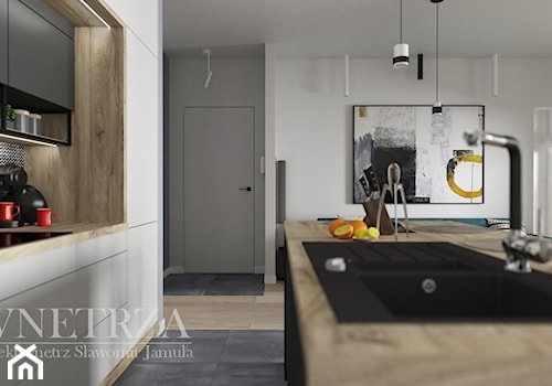 Mieszkanie w Rzeszowie - Średnia otwarta z salonem biała szara z zabudowaną lodówką z lodówką wolnostojącą z nablatowym zlewozmywakiem kuchnia dwurzędowa, styl nowoczesny - zdjęcie od MOJE WNĘTRZA Pracownia Projektowa Jamuła Sławomir