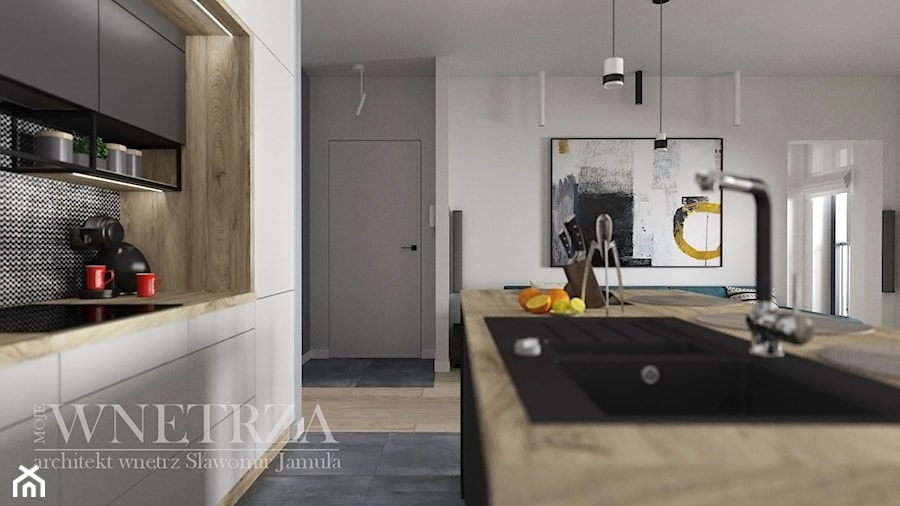 Mieszkanie w Rzeszowie - Średnia otwarta z salonem biała szara z zabudowaną lodówką z lodówką wolnostojącą z nablatowym zlewozmywakiem kuchnia dwurzędowa, styl nowoczesny - zdjęcie od MOJE WNĘTRZA Pracownia Projektowa Jamuła Sławomir