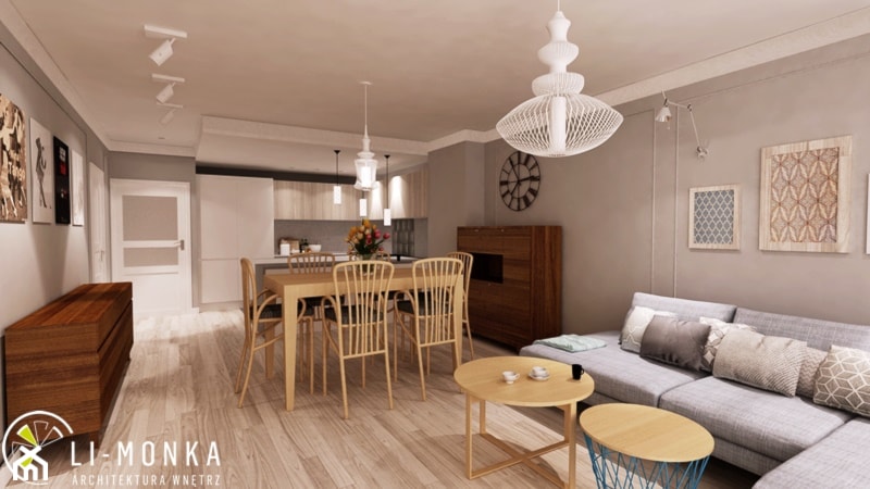 Mały beżowy salon z kuchnią z jadalnią, styl nowoczesny - zdjęcie od LI-MONKA