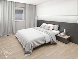 Jedna sypialnia na kilka sposobów - Średnia biała szara z panelami tapicerowanymi sypialnia, styl minimalistyczny - zdjęcie od PRACOWNIA PROJEKTOWA KRYSKA Ewa Łuźniak