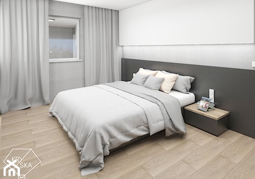 Jedna sypialnia na kilka sposobów - Średnia biała szara z panelami tapicerowanymi sypialnia, styl minimalistyczny - zdjęcie od PRACOWNIA PROJEKTOWA KRYSKA Ewa Łuźniak