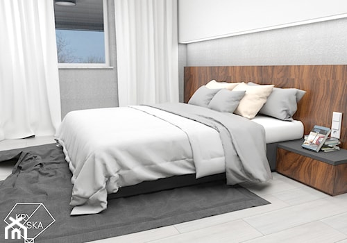 Jedna sypialnia na kilka sposobów - Średnia biała szara sypialnia, styl minimalistyczny - zdjęcie od PRACOWNIA PROJEKTOWA KRYSKA Ewa Łuźniak