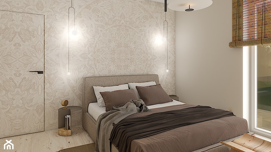 Łóżko z odcieniami brązu świetnie wyróżnia się na tapetowanej ścianie, a minimalistyczne oświetlenie wytwarza nastrojową atmosferę. - zdjęcie od CUBICconcept