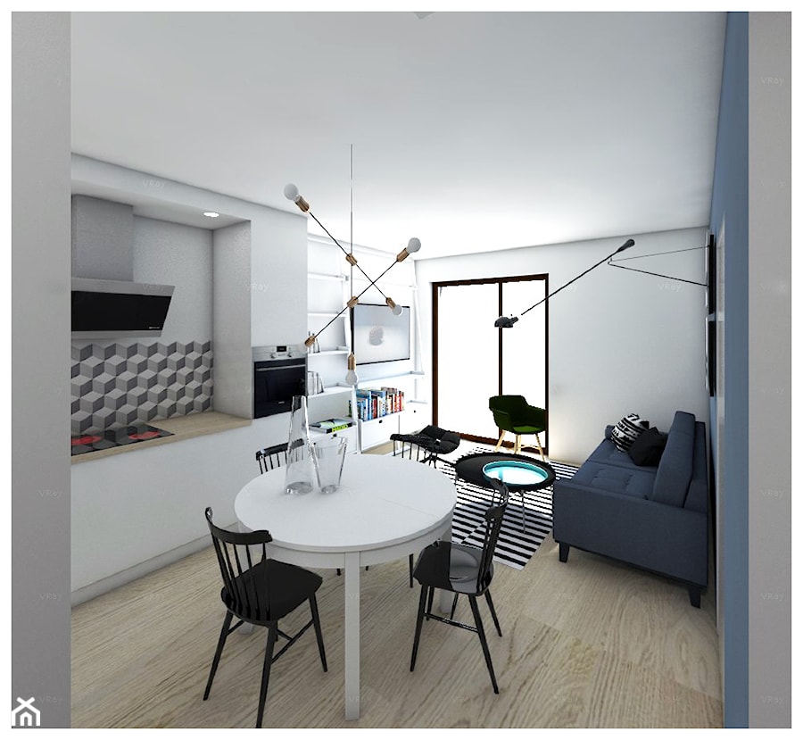 WARSZAWA_mieszkanie dla singielki - Mały biały salon z kuchnią z jadalnią, styl nowoczesny - zdjęcie od PUFF