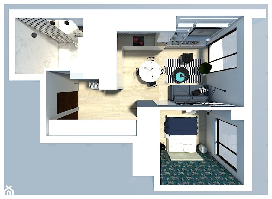 WARSZAWA_mieszkanie dla singielki - Mały biały szary salon z kuchnią z jadalnią z bibiloteczką, styl nowoczesny - zdjęcie od PUFF