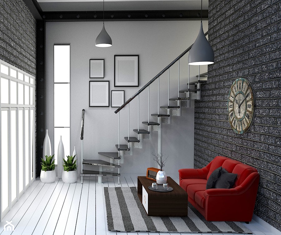 Minimalist Living Room with Stairs - zdjęcie od Julia Zielińska
