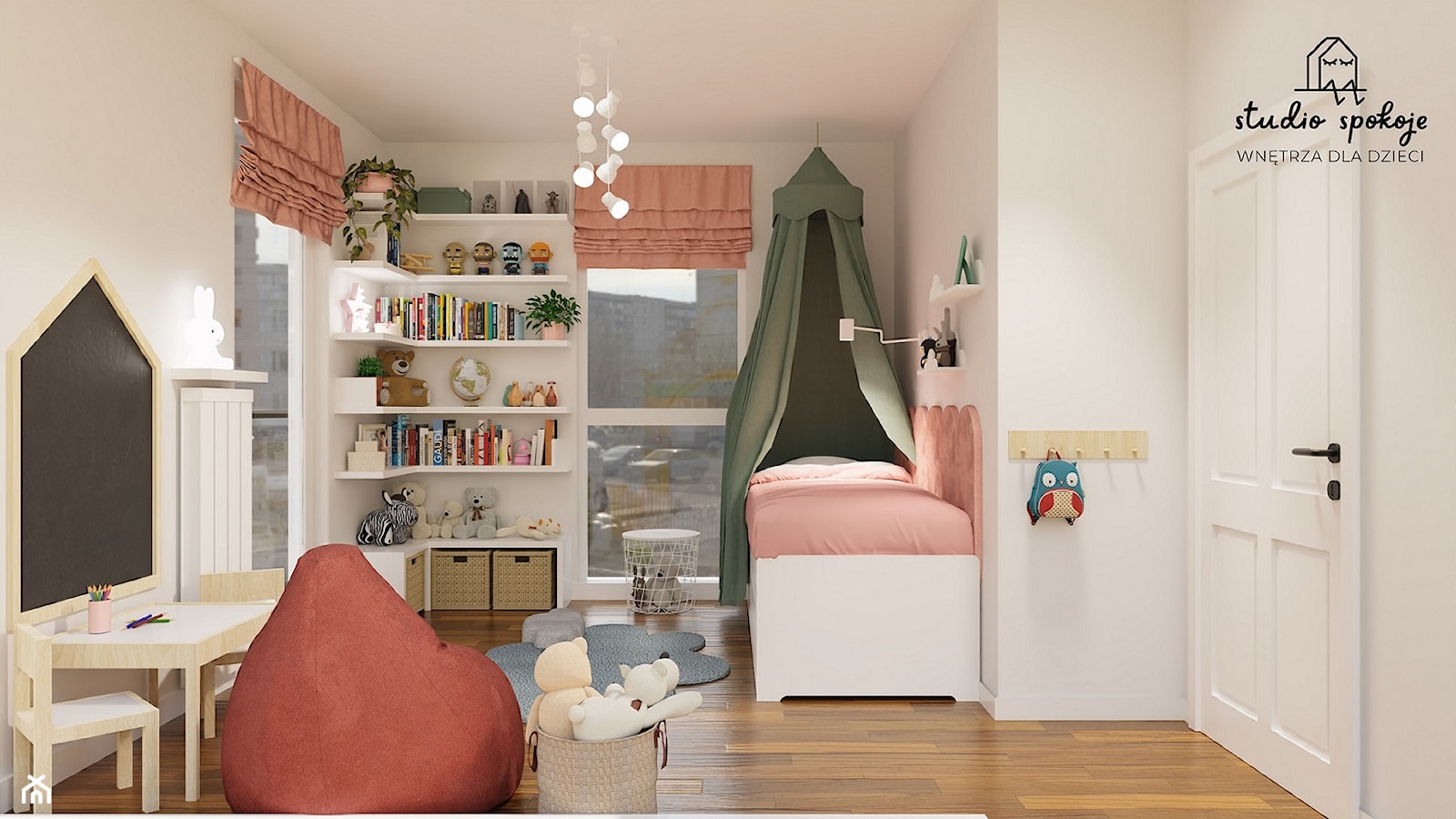 Pokój pięcioletniej dziewczynki w kolorach szałwii i koralowego różu - zdjęcie od Studio Spokoje - wnętrza dla dzieci - Homebook