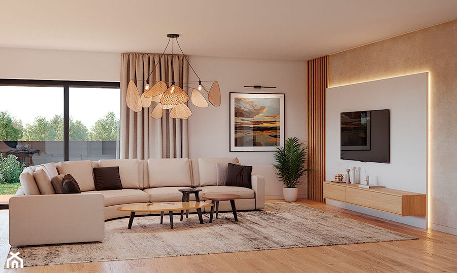 Projekt domu z wysoką strefą dzienną w Wesołej - Salon, styl minimalistyczny - zdjęcie od Studio Linea