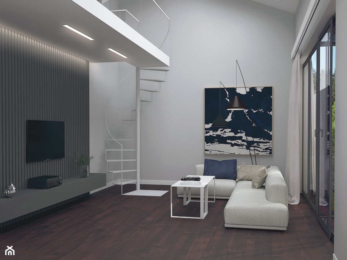 PROJEKT SALONU Z ANTRESOLĄ 30M² W STYLU MINIMALISTYCZNYM - Salon, styl minimalistyczny - zdjęcie od BETTER HOME INTERIOR DESIGN - Homebook