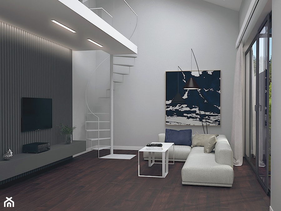 PROJEKT SALONU Z ANTRESOLĄ 30M² W STYLU MINIMALISTYCZNYM - Salon, styl minimalistyczny - zdjęcie od BETTER HOME INTERIOR DESIGN