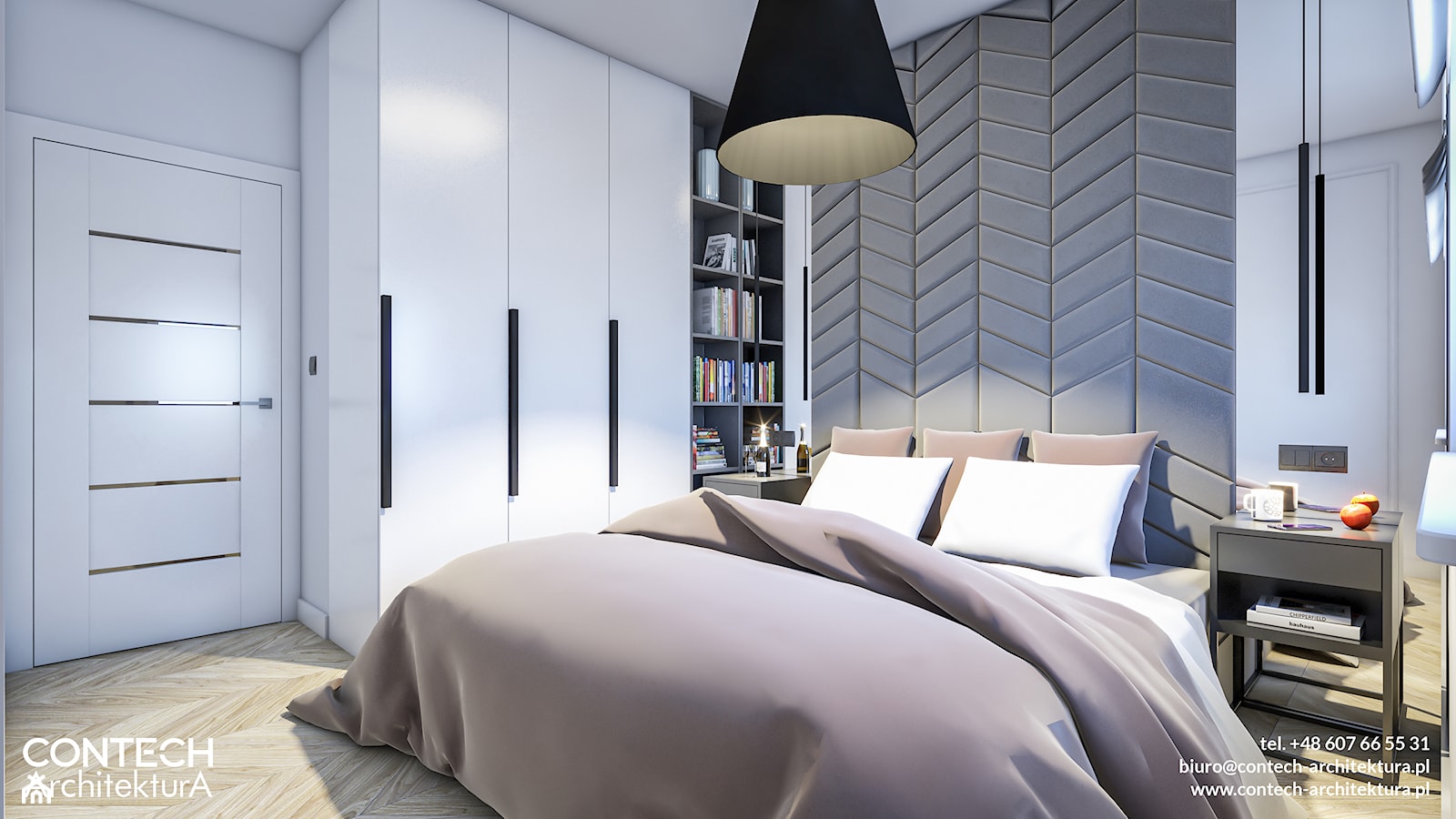 Sypialnia z szafą i tapicerowanym zagłówkiem - zdjęcie od CONTECH Architektura - Homebook