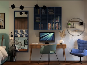 Miętowa sypialnia z drewnianym biurkiem. - zdjęcie od Kolorowy projekt Katarzyny - projektowanie wnętrz