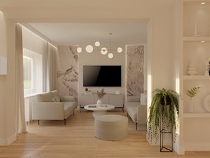 Salon w odcieniach beżu z tapetą i lampami kulami - zdjęcie od Kolorowy projekt Katarzyny - projektowanie wnętrz
