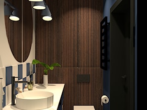 Granatowa łazienka z ciemnym drewnem - zdjęcie od Kolorowy projekt Katarzyny - projektowanie wnętrz