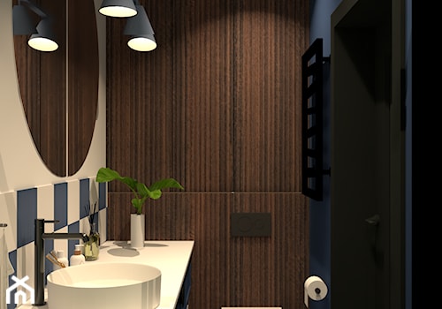 Granatowa łazienka z ciemnym drewnem - zdjęcie od Kolorowy projekt Katarzyny - projektowanie wnętrz